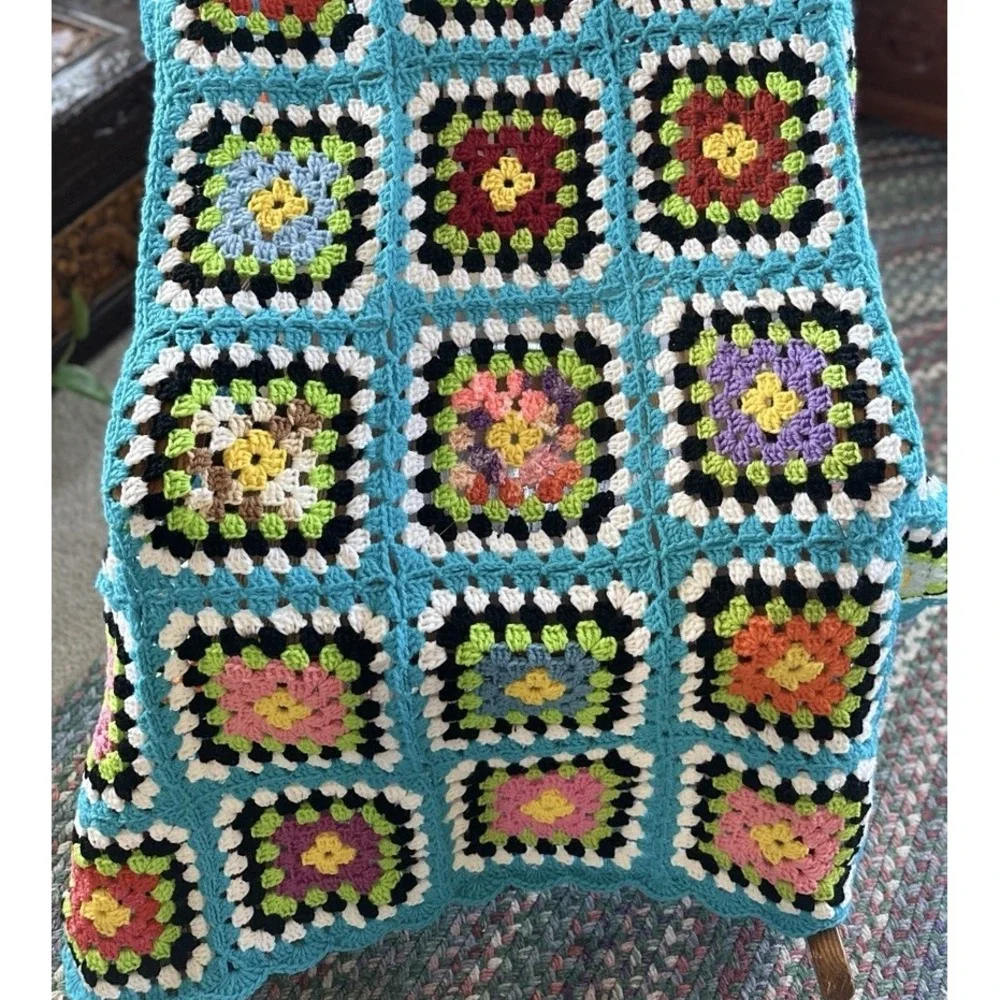 Hand Crochet Colorful Roseanne Granny‎ Square Afghan Throw Blanket 70x46